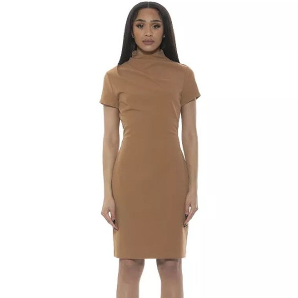 Alexia Admor NWT Camel Sadee Draped Mockneck Sheath Dress Size S